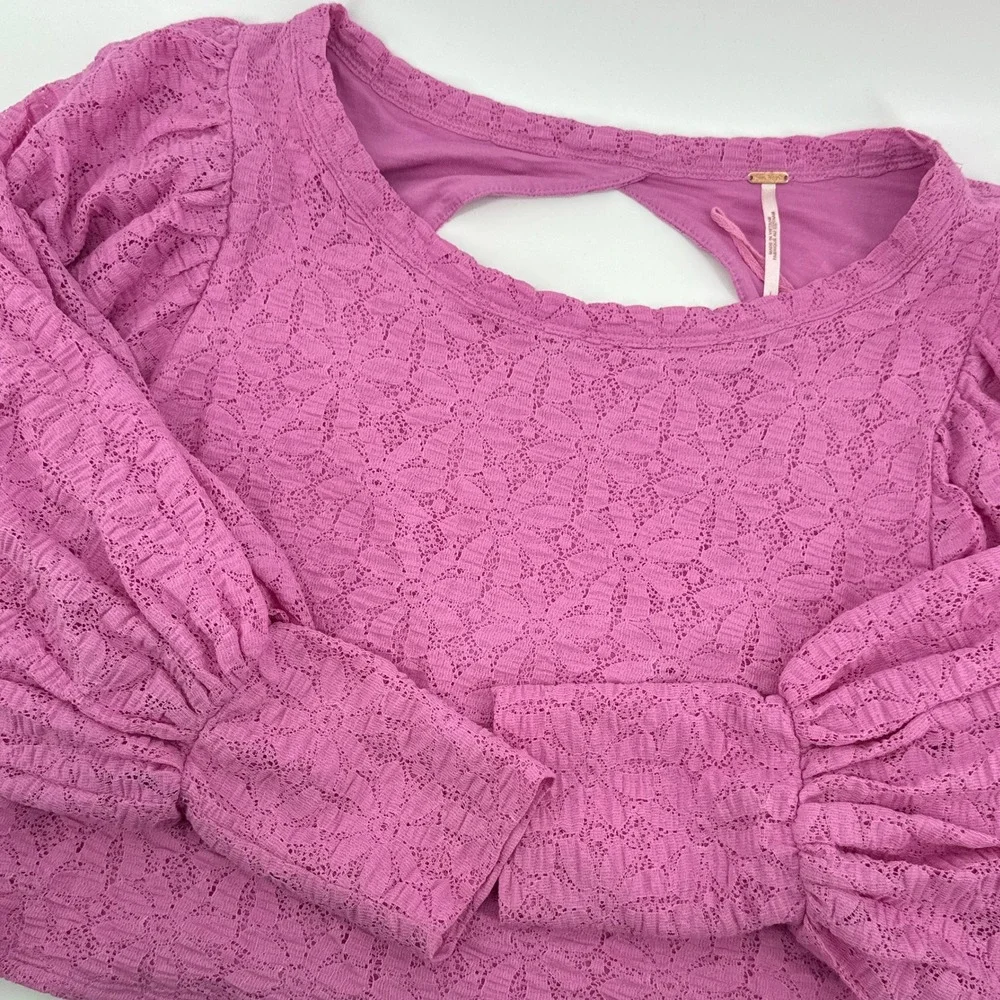 Free People Tea Time Floral Lace Plumeria Pink Cutout Back Top‎ Large OB1251902